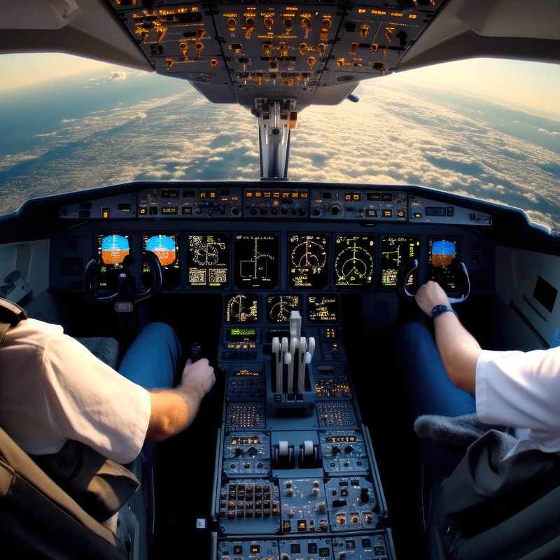 Pilots in cockpit of private jet flying above the clouds